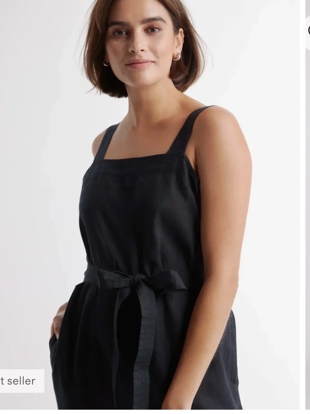100% European linen square neck Jumpsuit black XS